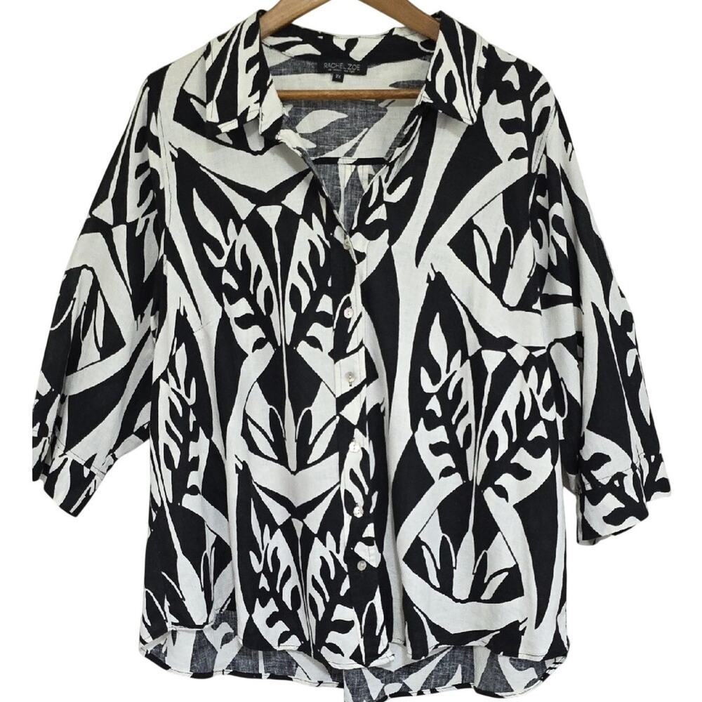 Rachel Zoe Womens Sz 2X Linen Blend Black White Palm Print Button Up Sleeve